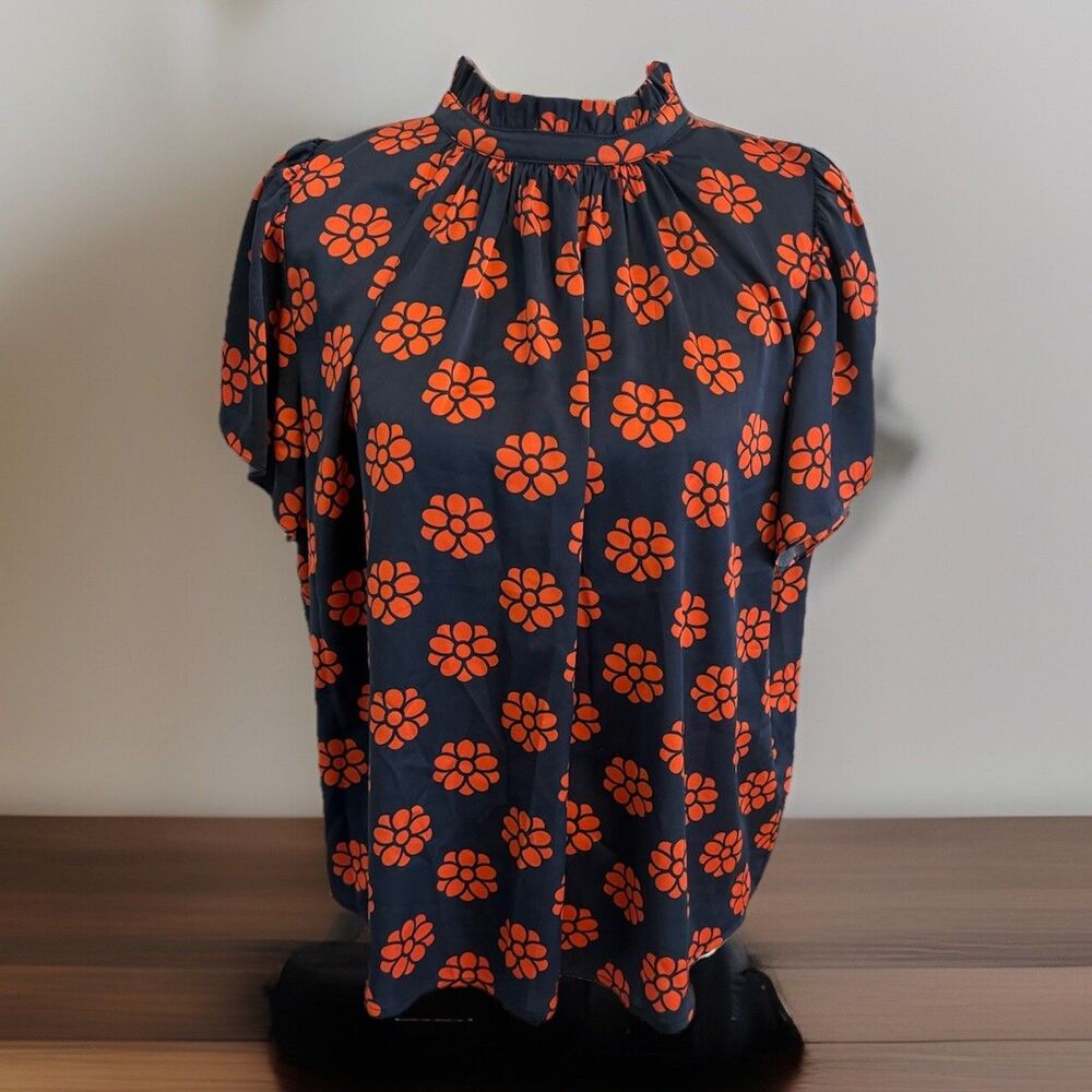 Anthropologie THML Womens Blouse Blue Orange Flowers High Neck Keyhole Medium